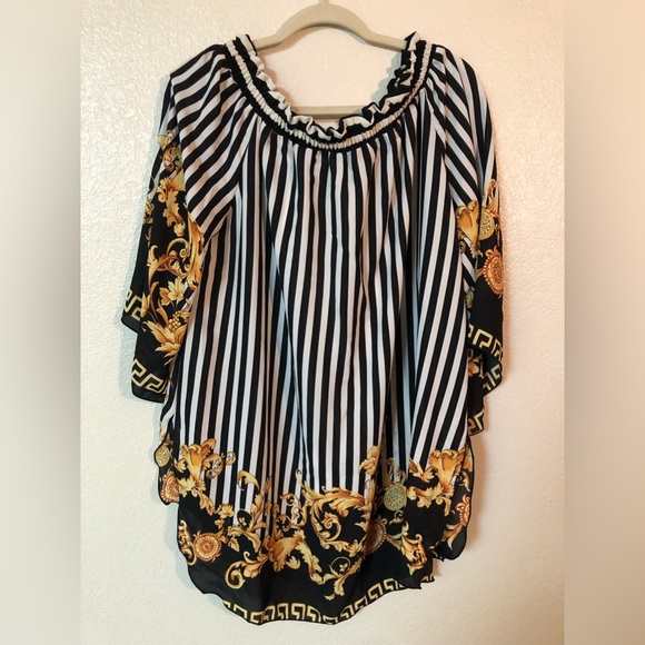 WOMEN'S ASHLEY STEWART BLACK GOLD AND WHITE OFF THE SHOULDER TOP SIZE: 14/16 - Picture 1 of 4
